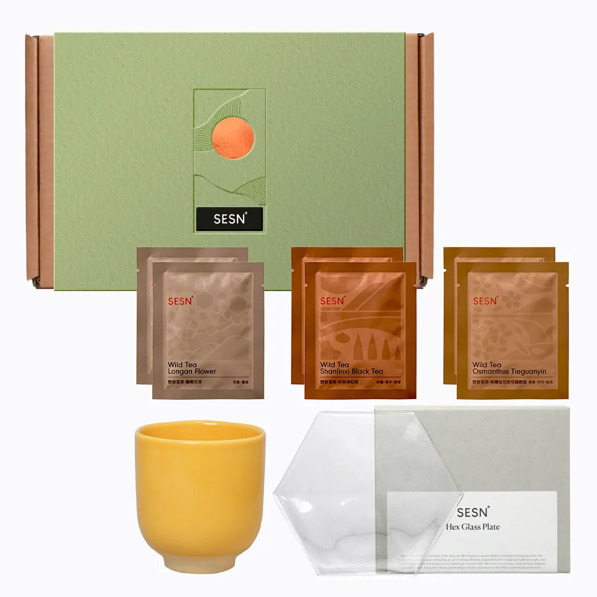 品茶茗萃中秋禮盒，含野放茗茶-龍眼花茶、野放茗茶-杉林溪紅茶、野放茗茶-有機桂花炭培鐵觀音、百年窯陶杯、山線再生玻璃盤，ESG 企業中秋禮盒。
